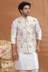 Off White Silk Sequin Embroidered Kurta Pajama with Jacket